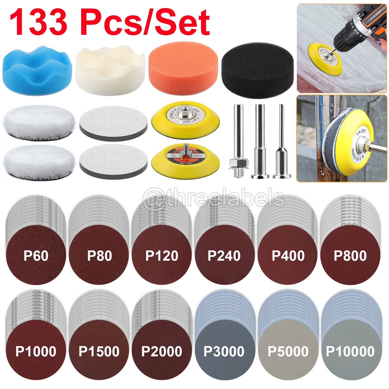 133PCS 3 Inch Sanding Disc Kit 60-10000 Grit Wet Dry Hook & Loop Sandpaper Pads