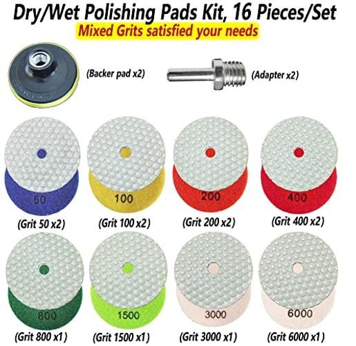 16 Packs Dry Diamond Polishing Pads Set, 4 Inch Dry/Wet Granite Bufffing Pad