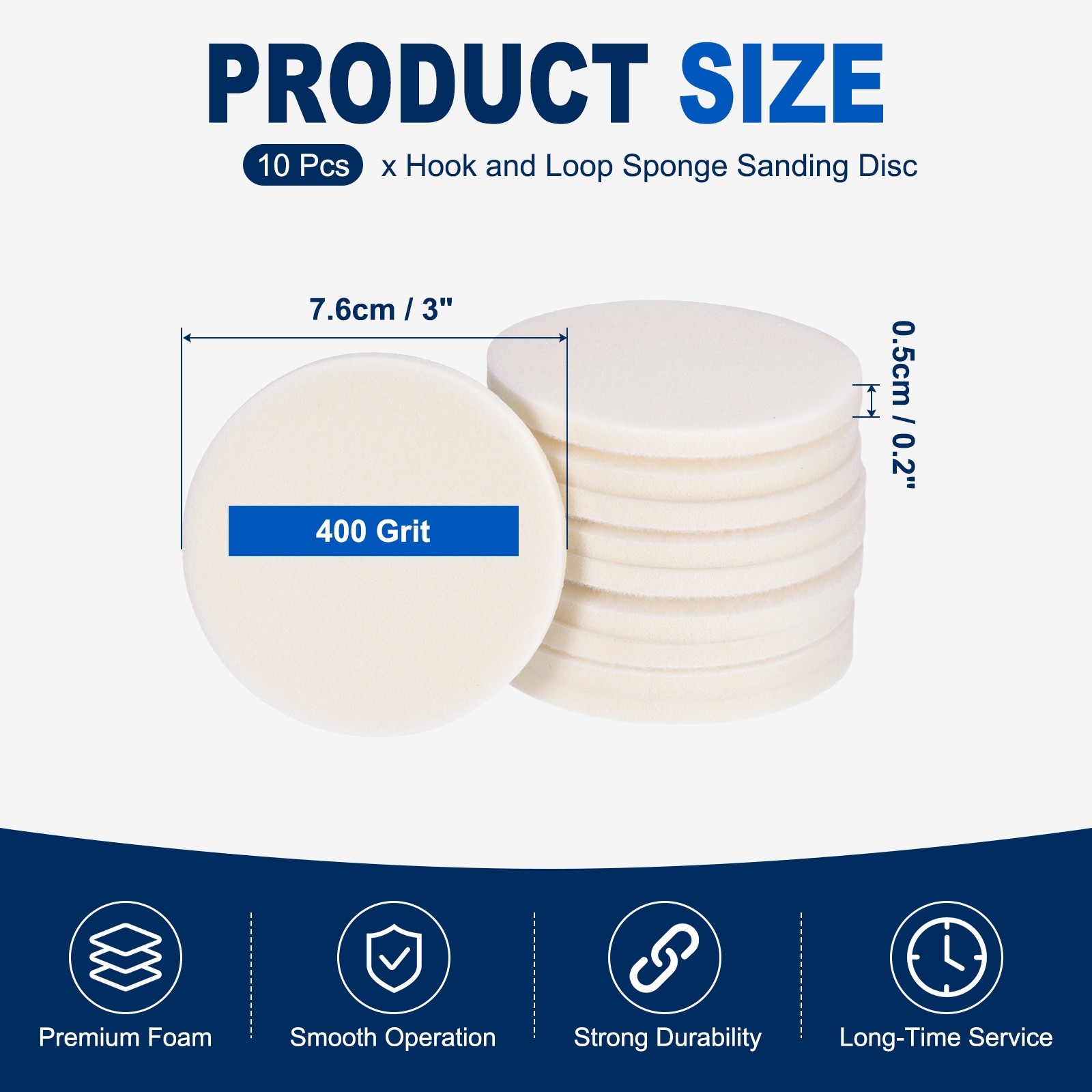 10 Pcs 400 Grit 3 Inch Hook and Loop Sponge Sanding Disc for Sander, White