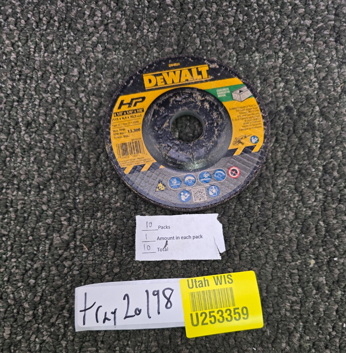 (QTY 10) Dewalt DW4524 Masonry Grinding Wheels 4-1/2″ x 1/4″ x 7/8″ 13300 RPM