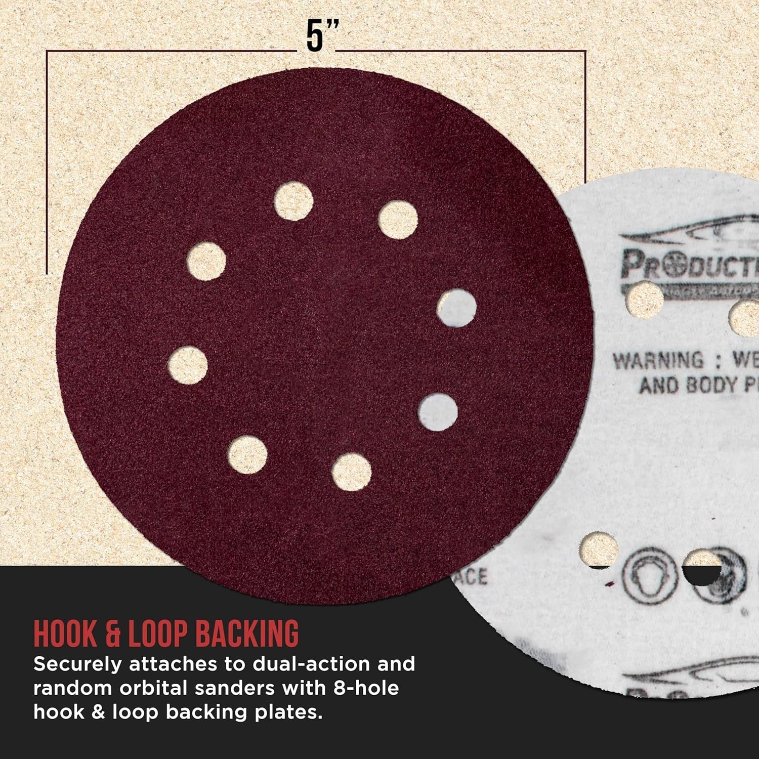 ProductionShop 5 Inch 80 Grit Sanding Discs 8 Hole 50 Pack Hook and Loop