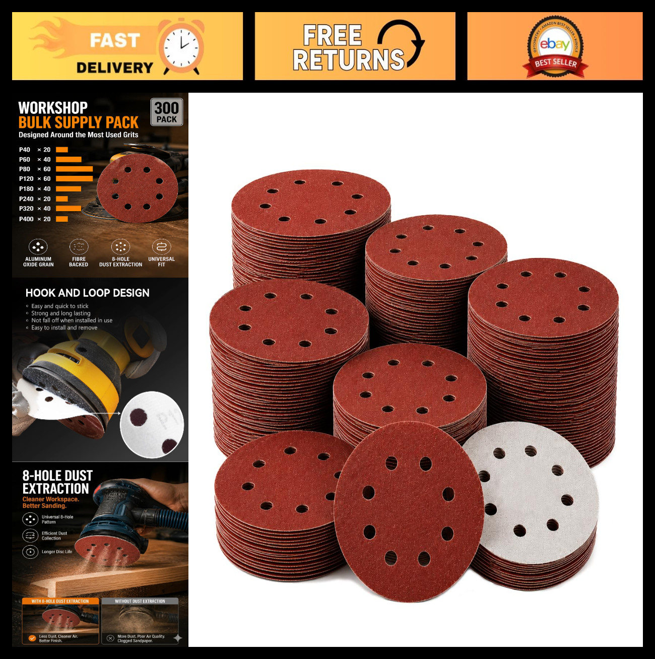 300PCS 5″ Hook & Loop Sanding Discs, 8 Hole P40-P400 Assorted for Wood, Metal, A