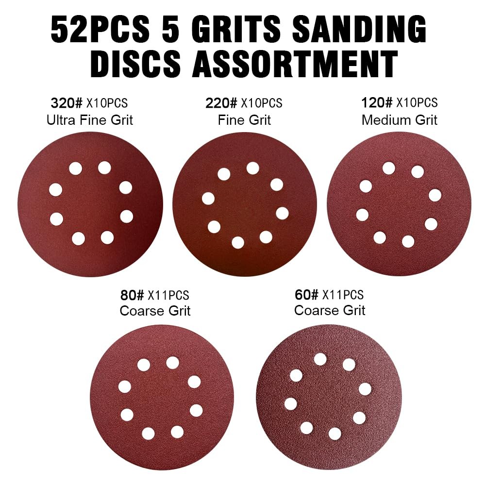 5-Inch Hook and Loop Sanding Discs 52-Pack Mixed Grits for Orbital Sander