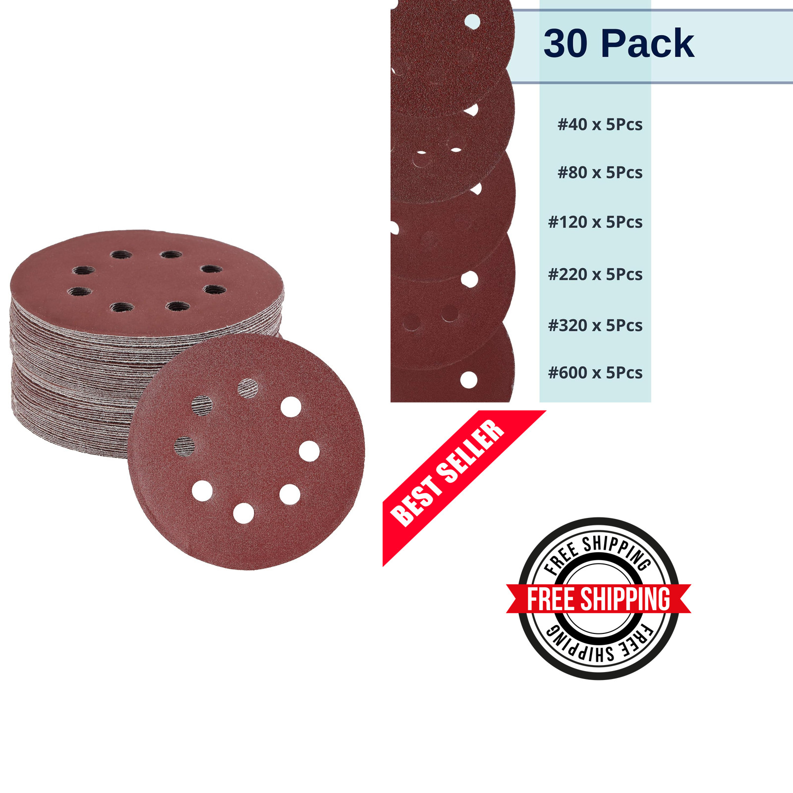 Bates- Sanding Discs, 5 Inch, 30 Pack, Assorted Grits 40 80 120 220 320 600