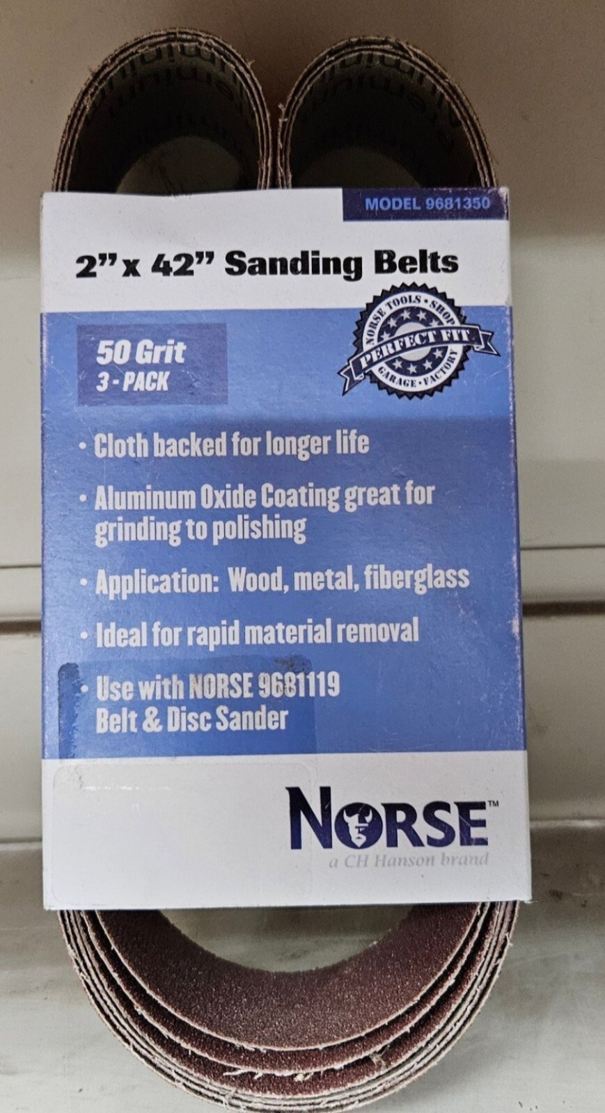 Norse 1893106 Norse Sanding Belt – 2 x 42 in. 50 Grit – Pack of 3