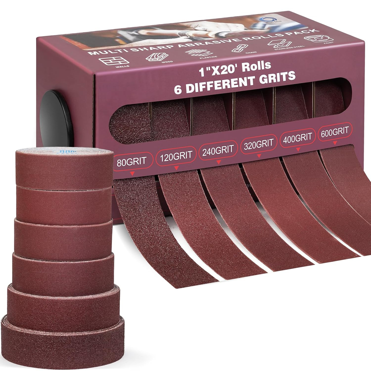 Emery Cloth Sandpaper Roll with Dispenser Aluminum Oxide 6 Pack 80-600 Grit 1 in