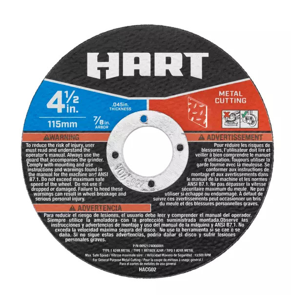 HART 4-1/2″ METAL CUTTING WHEEL 0.045″ Thick 13500 RPM Type 1 for Angle Grinder