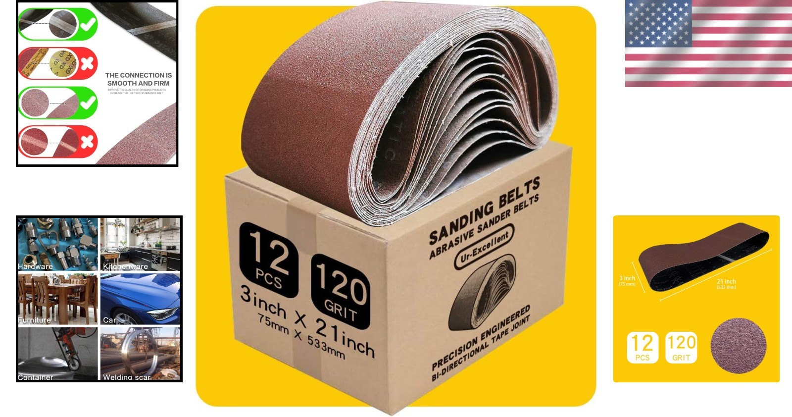 Versatile 3 x 21 Inch 120 Grit Sanding Belts – For Wood, Metal, Glass, 12 Pack