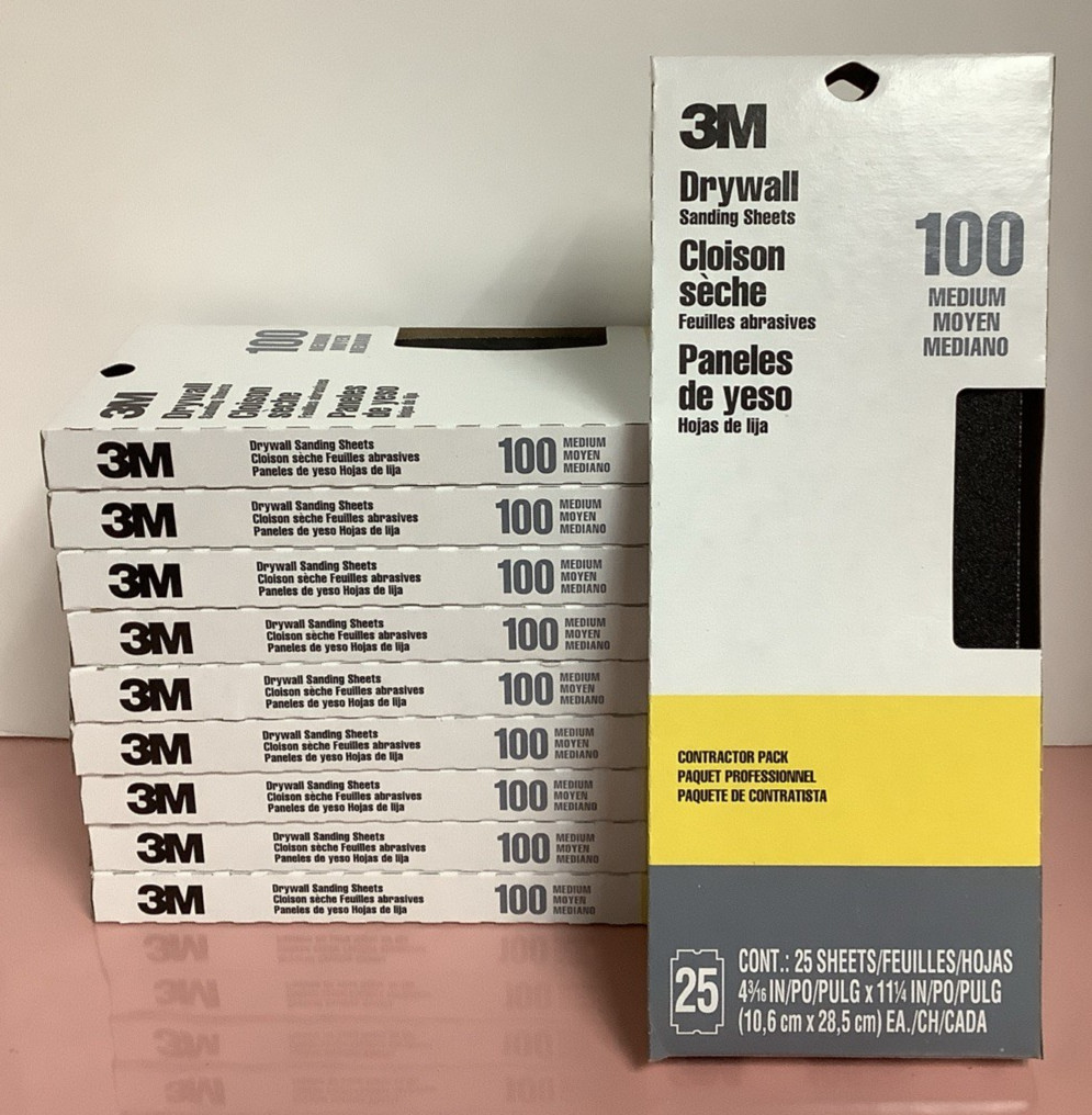 10 packs (250 total)3M 100 Grit 4-3/16″ x 11-1/4″ Precut Drywall Sanding Sheets
