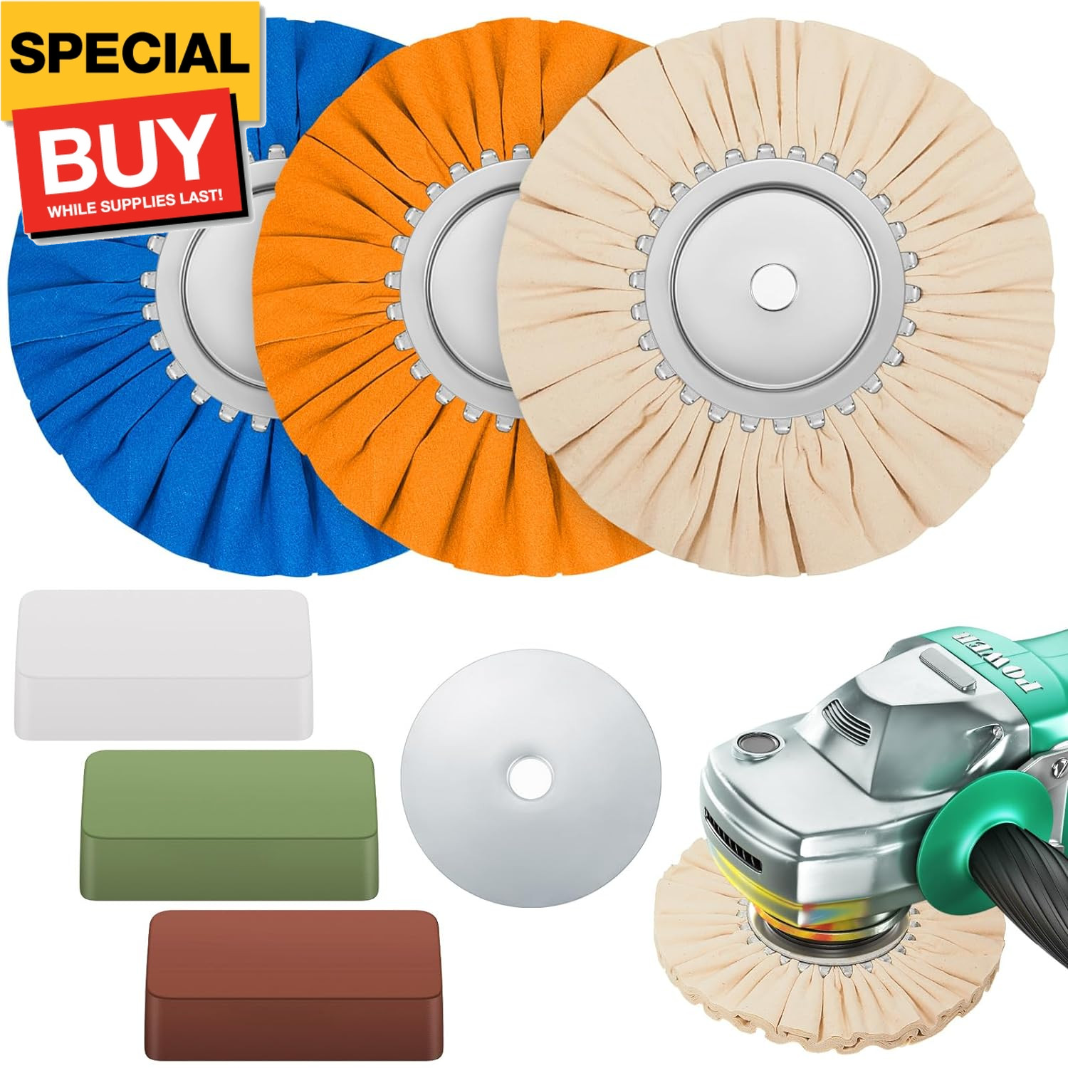 7 Pcs 8″ Airway Buffing Wheel Kit in Diameter 5/8″ in Arbor Hole, Aluminum Metal