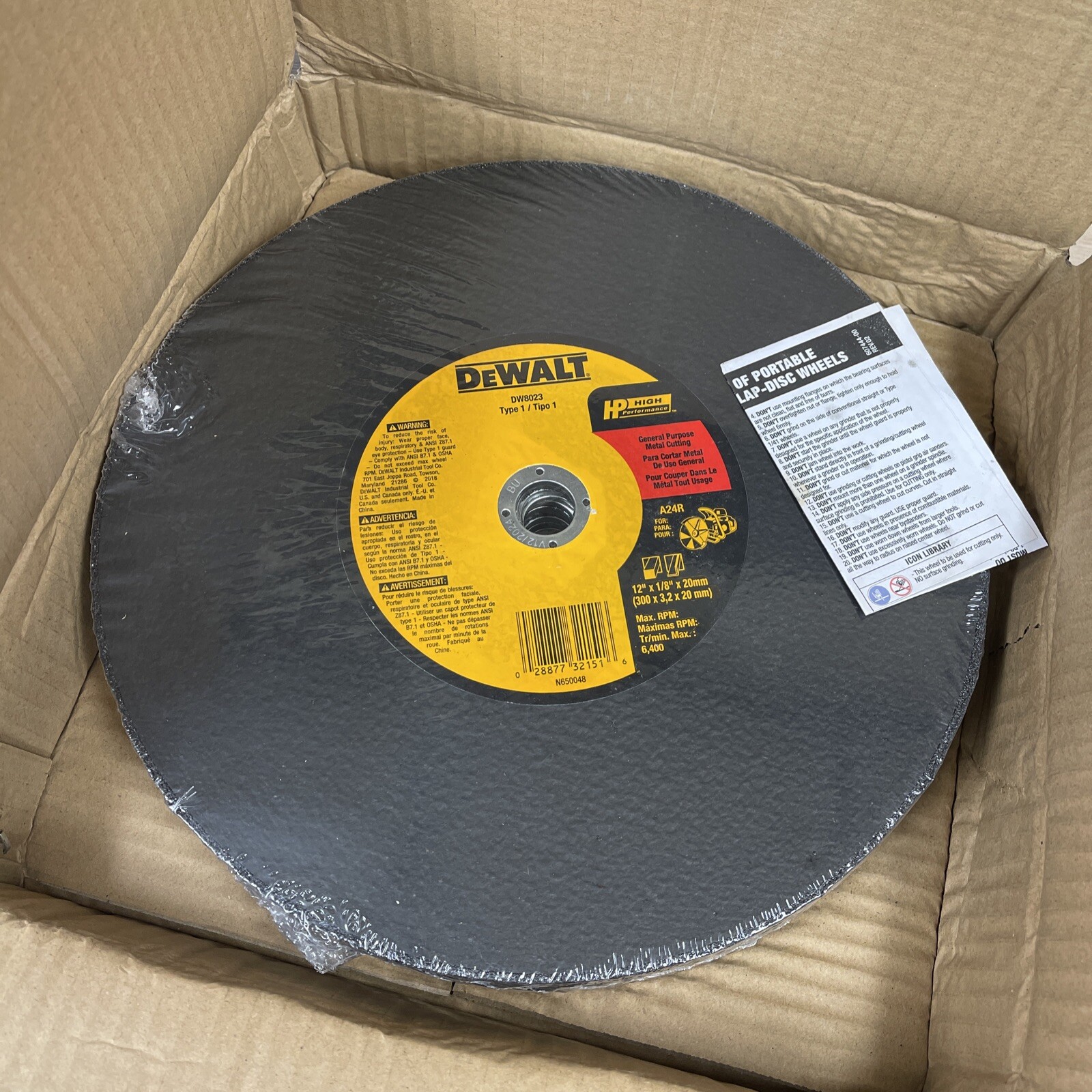 10 Pack Dewalt DW8023 Metal Cutting Wheel 12″ x 1/8″ x 20mm Type 1 New