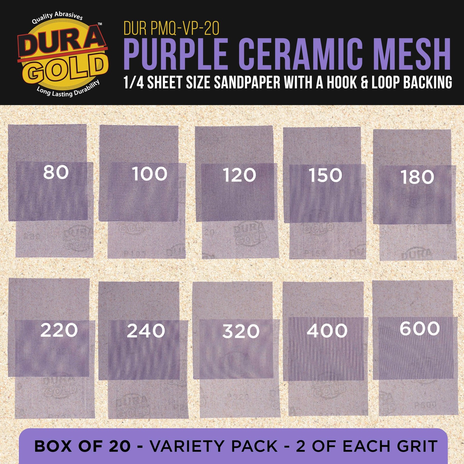 Premium 1/4 Sheet Size Purple Ceramic Mesh Sandpaper, 20 Sheet Variety Pack, …