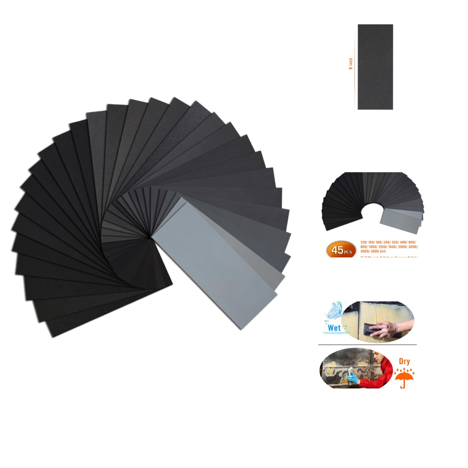 Assorted Grit Sanding Paper – 45PCS for Wood, Metal, and Automotive Finishing