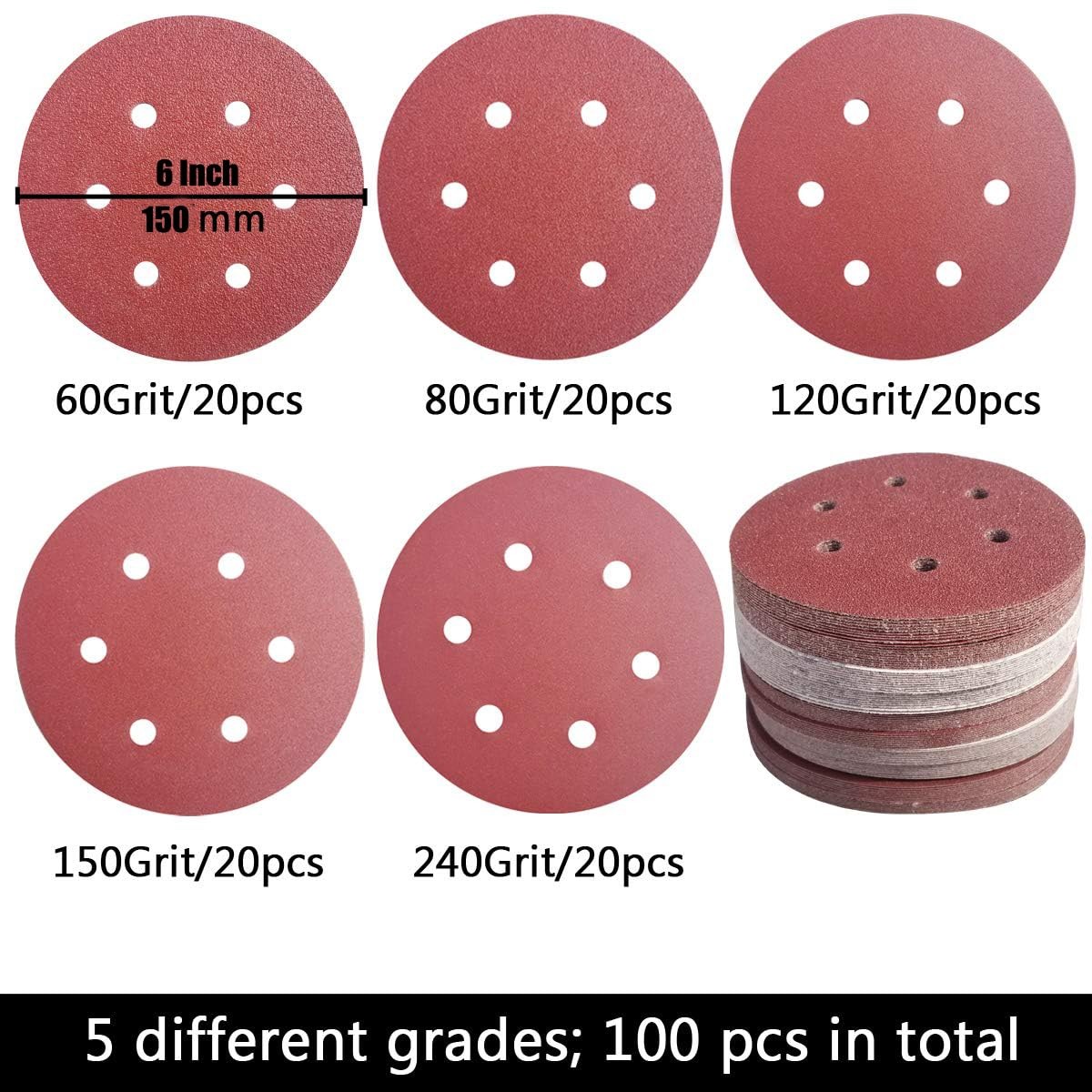 100 PCS 6 Inch 6 Holes Sanding Disc Assorted – 60 80 120 150 240 Grits, 6″ Ho…