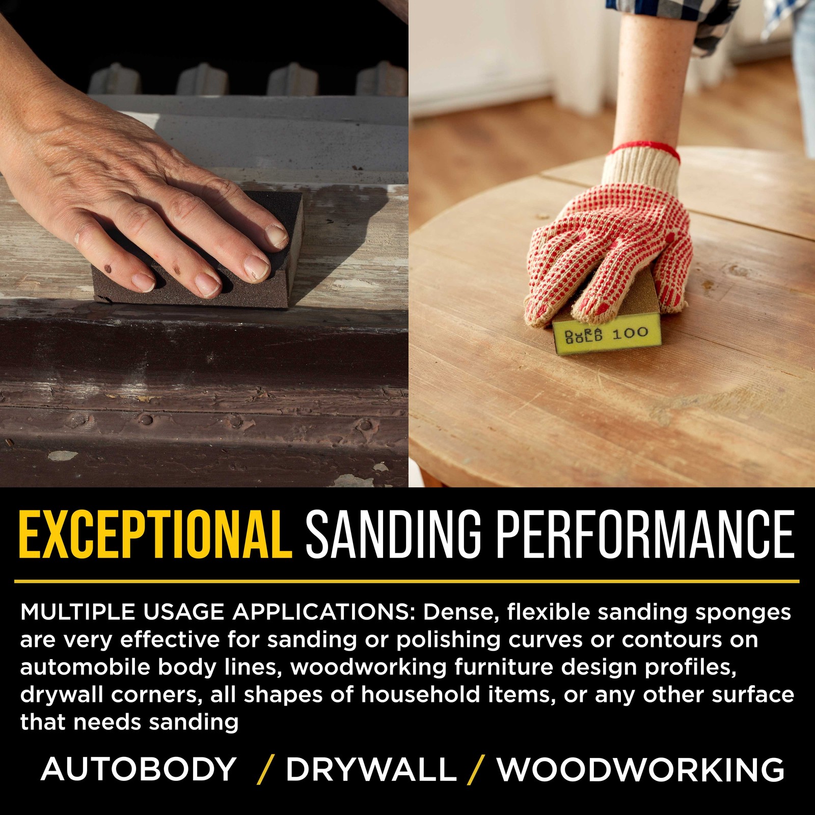 100 Grit 4-Sided Hand Sanding Block Sponges, 6/Box – 3.9″ x 2.75″ x 1″ Wet/Dry