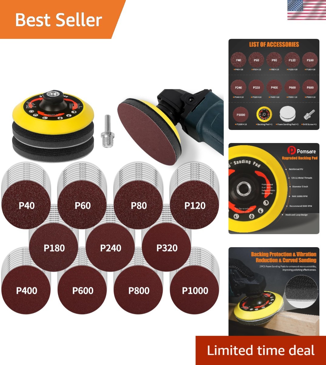 Versatile 114PCS Sanding Disc Kit: 5” Backing Pads for Wood & Metal Polishing