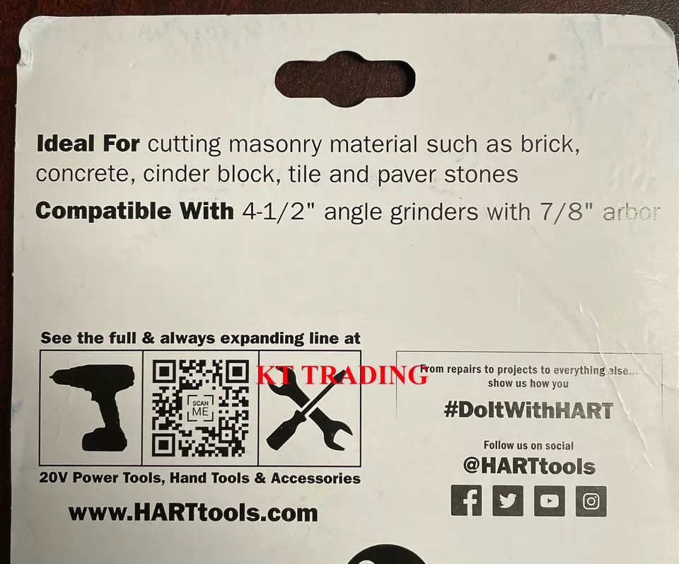 HART 4-1/2″ MASONRY Concrete Brick CUTTING WHEEL 0.07″ Thick 13500 RPM Type 1