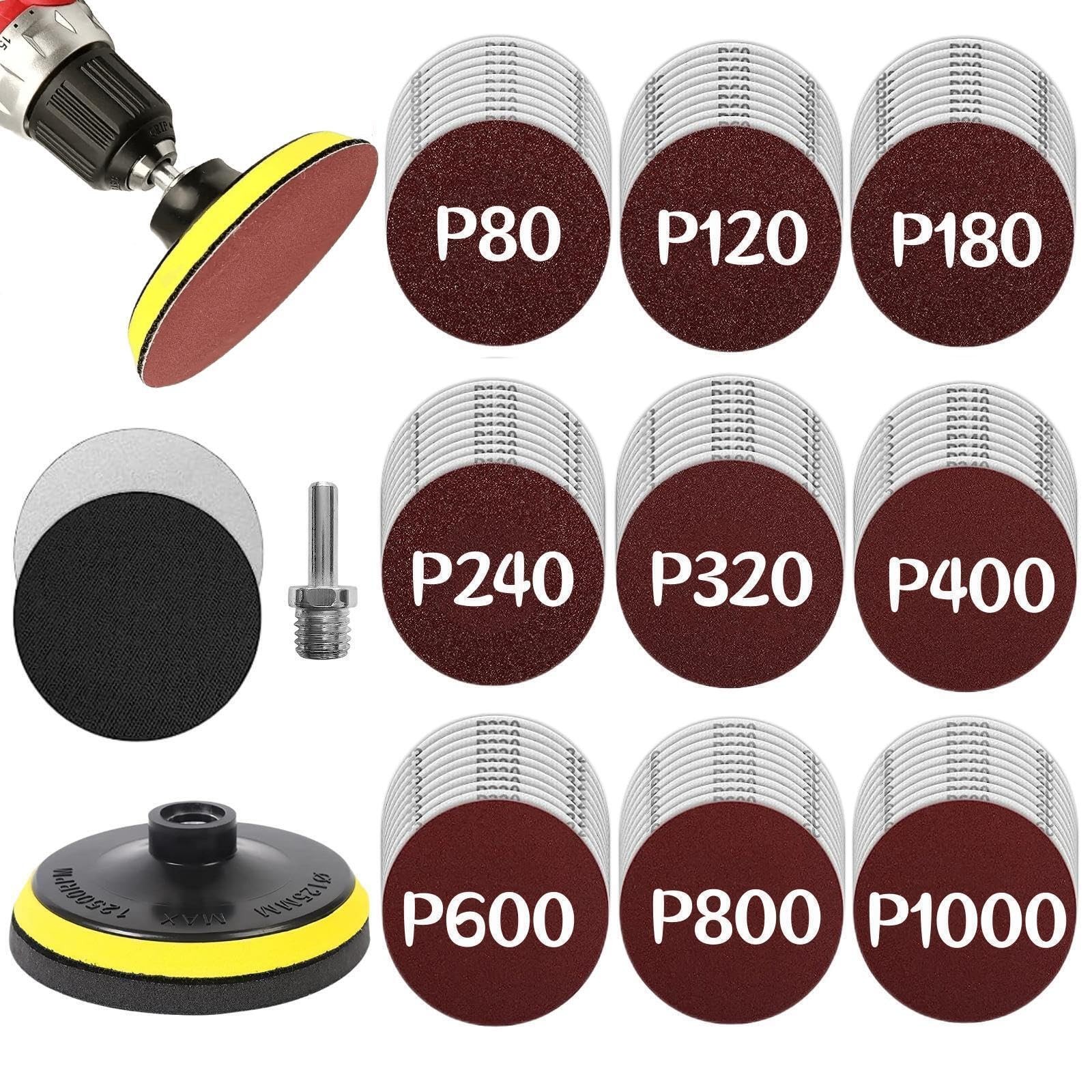 5″ Sanding Disc Set Hook & Loop 90PCS Sandpaper & Foam Pad Wood Metal Polishing