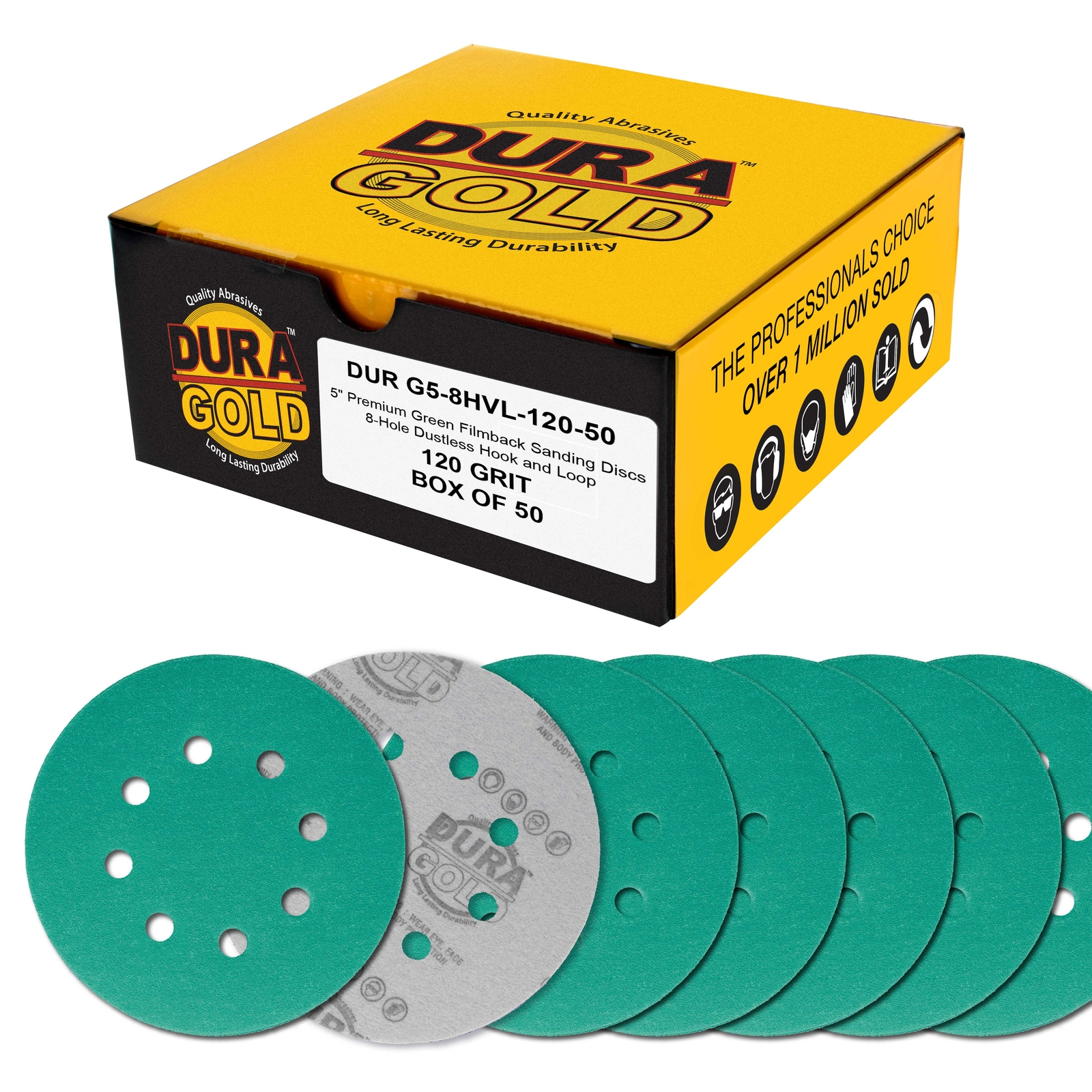 120 Grit 5″ Green Sanding Discs, 8-Hole, Box of 50 – Hook & Loop Sandpaper
