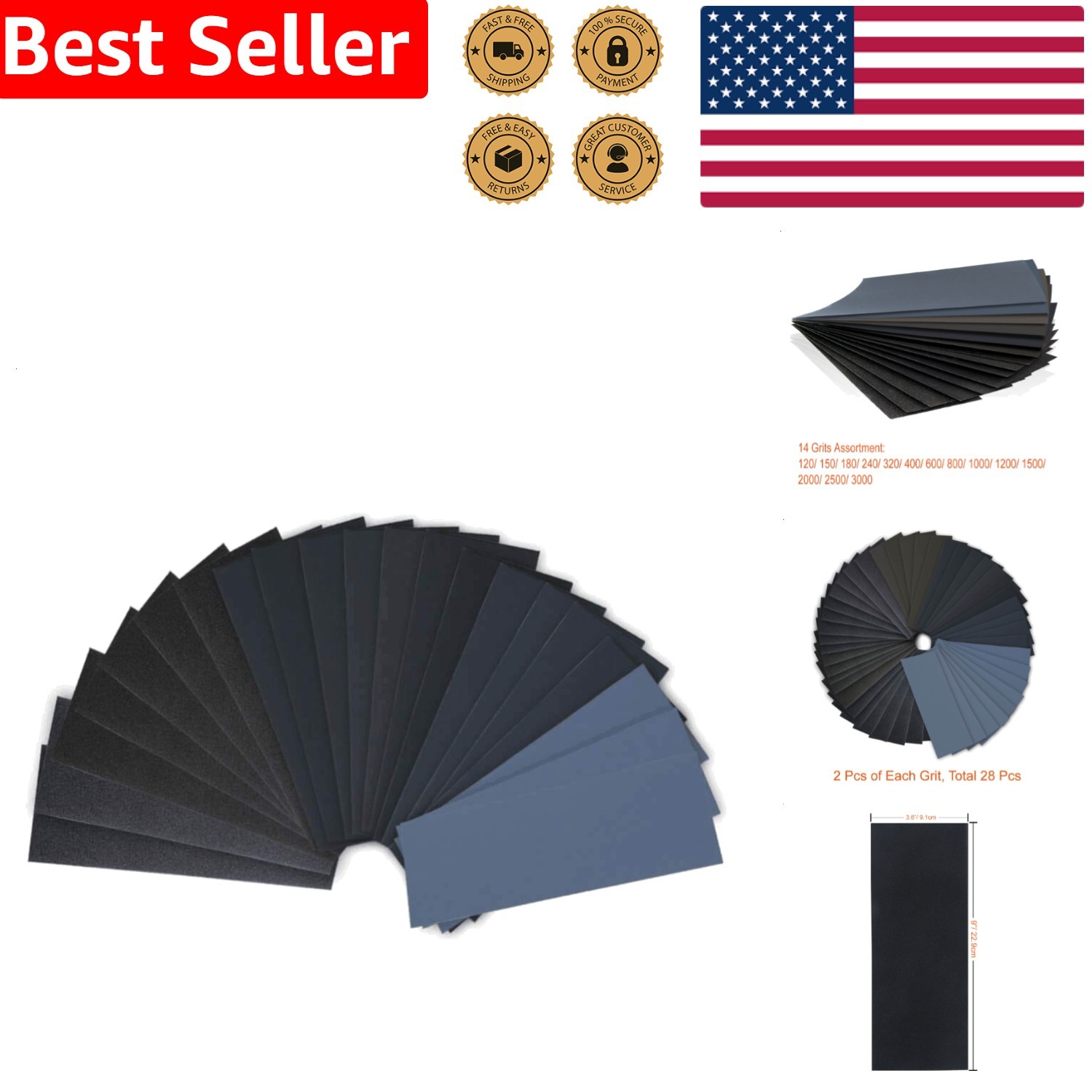 28 Pcs Sandpaper Assortment 120-3000 Grit Wet Dry Silicon Carbide