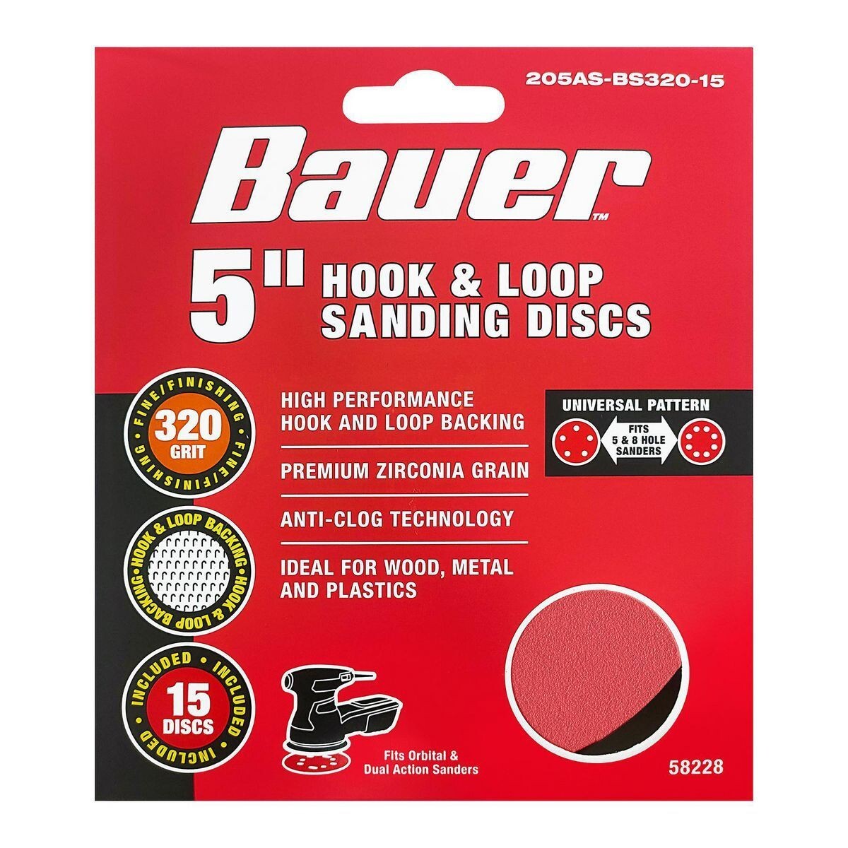 BAUER 5 in., 320-Grit Hook-and-Loop Universal Pattern Sanding Discs, 15-Pack