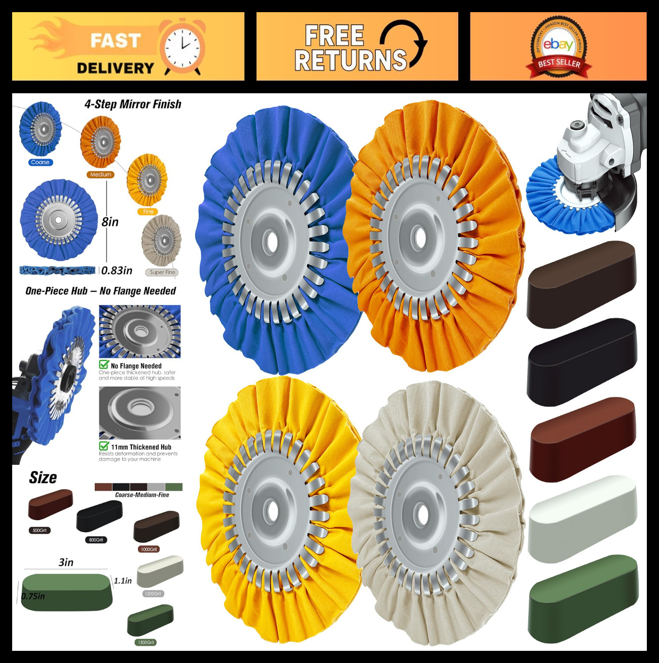 8″ Airway Buffing Wheel Kit – 9Pcs Aluminum Polishing Wheels, 5/8″ Arbor, Mirror