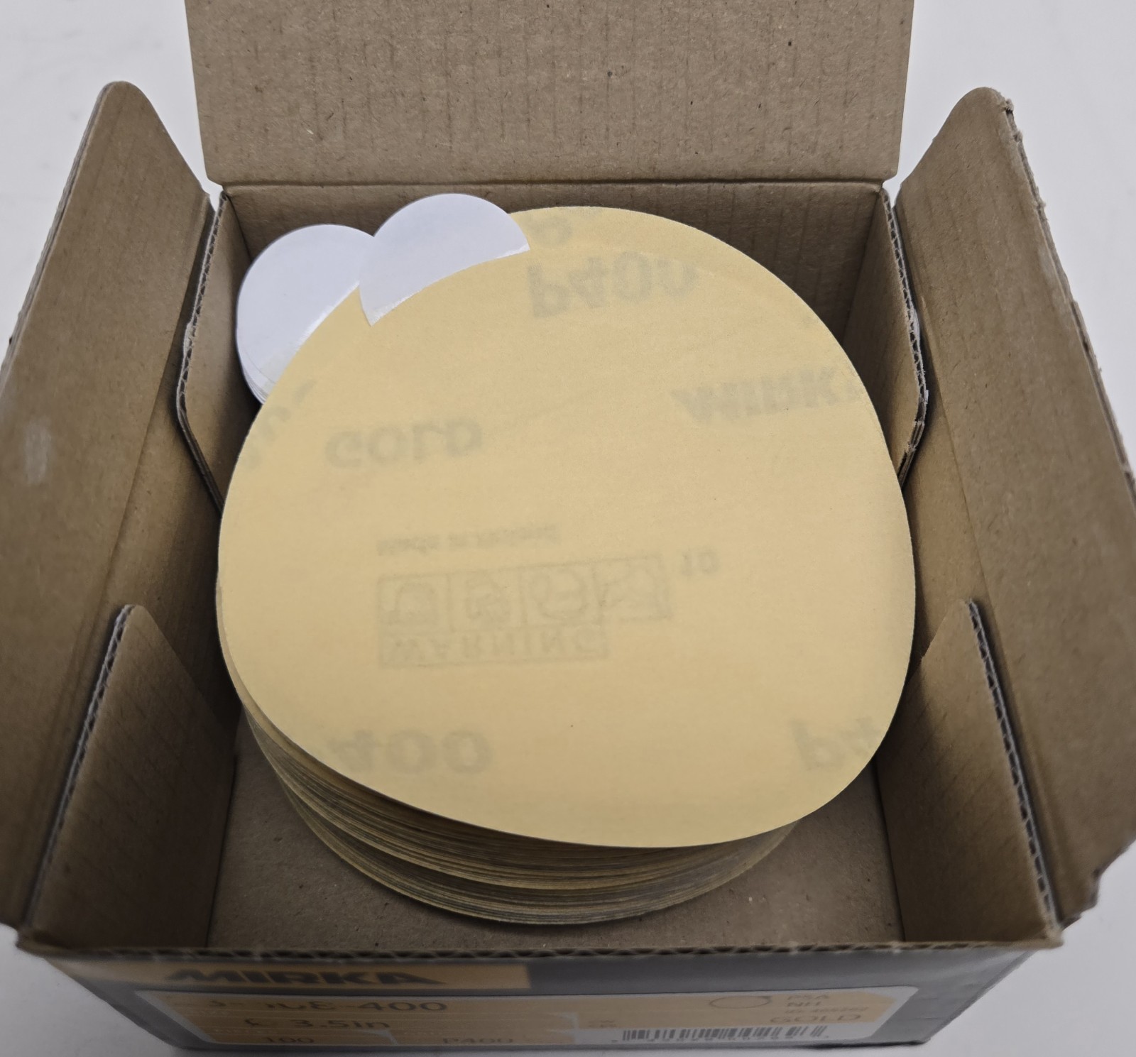 MIRKA SANDING DISCS 23-308-400. GOLD 3.5″, P400 GRIT. BOX OF 100.