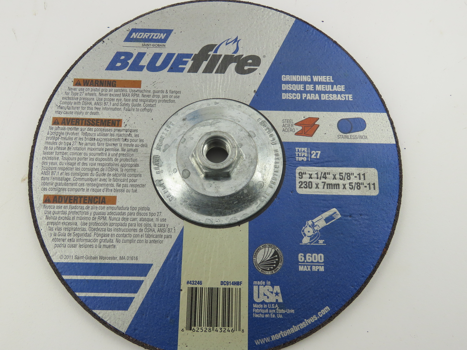 Norton 43246 BlueFire 9″x1/4″ 5/8″-11 Type 27 Grinding Cutting Wheels Case of 10