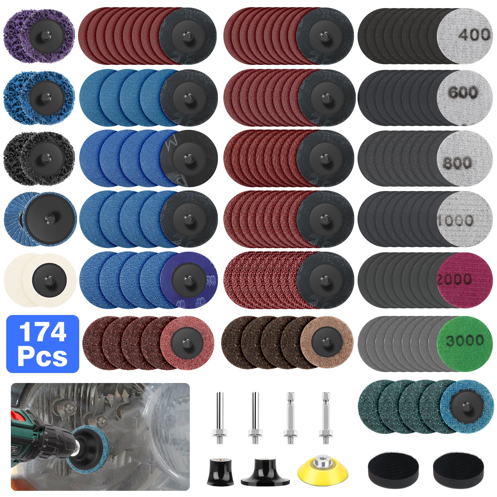 174PCS 2″ Die Grinder Sanding Discs Kit 40-3000Grit Quick Change Polishing Pads