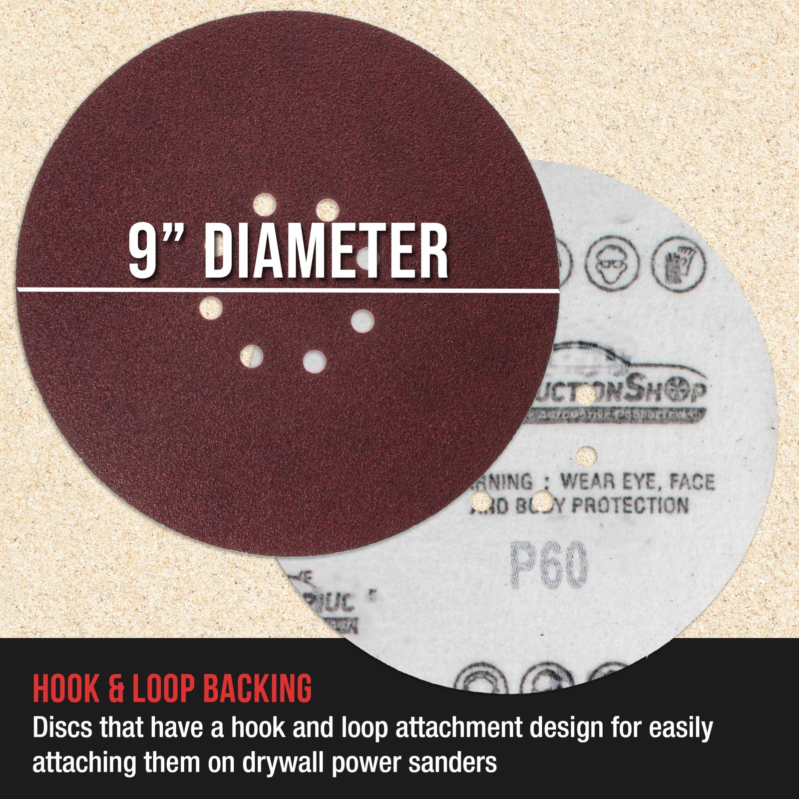 ProductionShop Premium 9″ Red 8-Hole Pattern Sanding Discs, 30 Oxide Brown