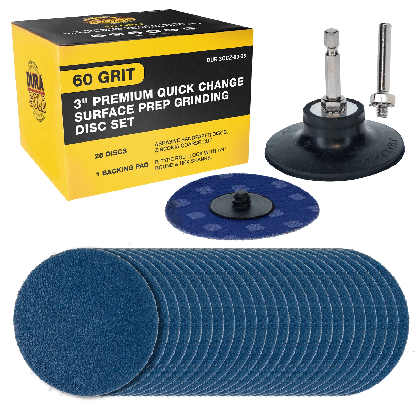 Dura-Gold 3″ 60 Grit Quick Change Surface Prep Grinding Disc Set, 25 Discs, Pad
