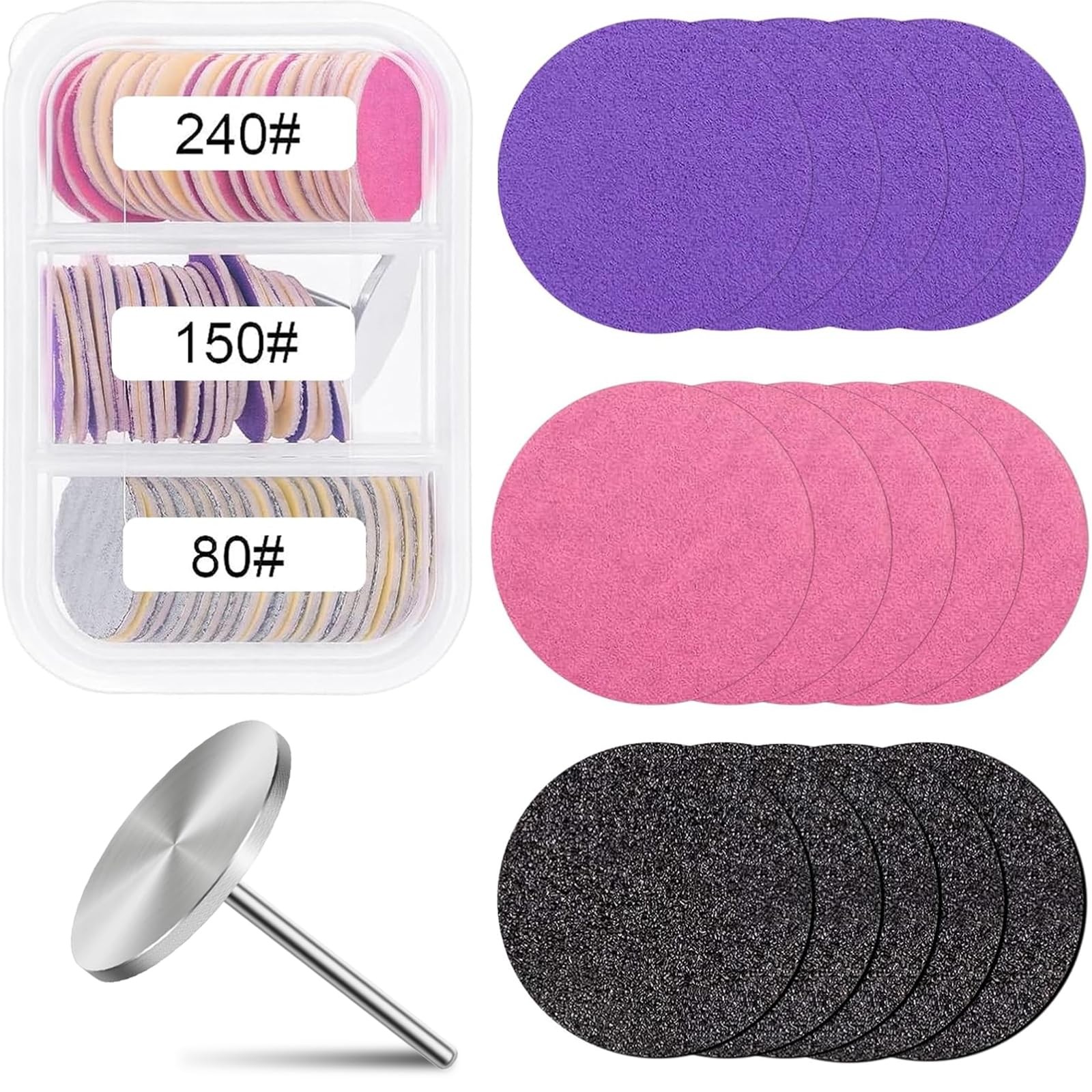 80pcs Sanding Paper Discs with Metal Nail Drill Bit 25mm Black, Purple, Pink