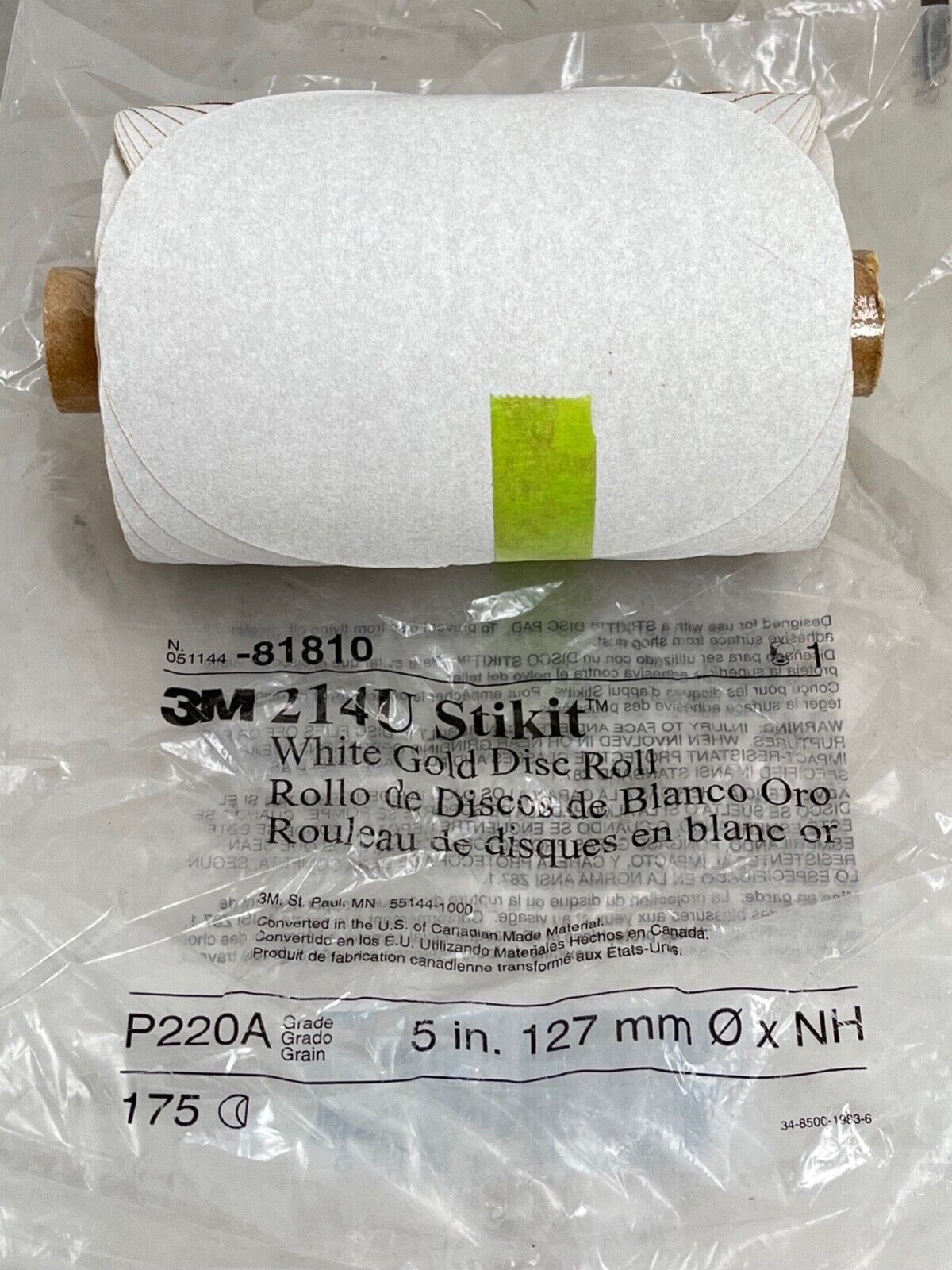 1 new 3M 81810 214U Stikit (5″ x NH) P220A White Gold, 175 Sanding Discs/Roll