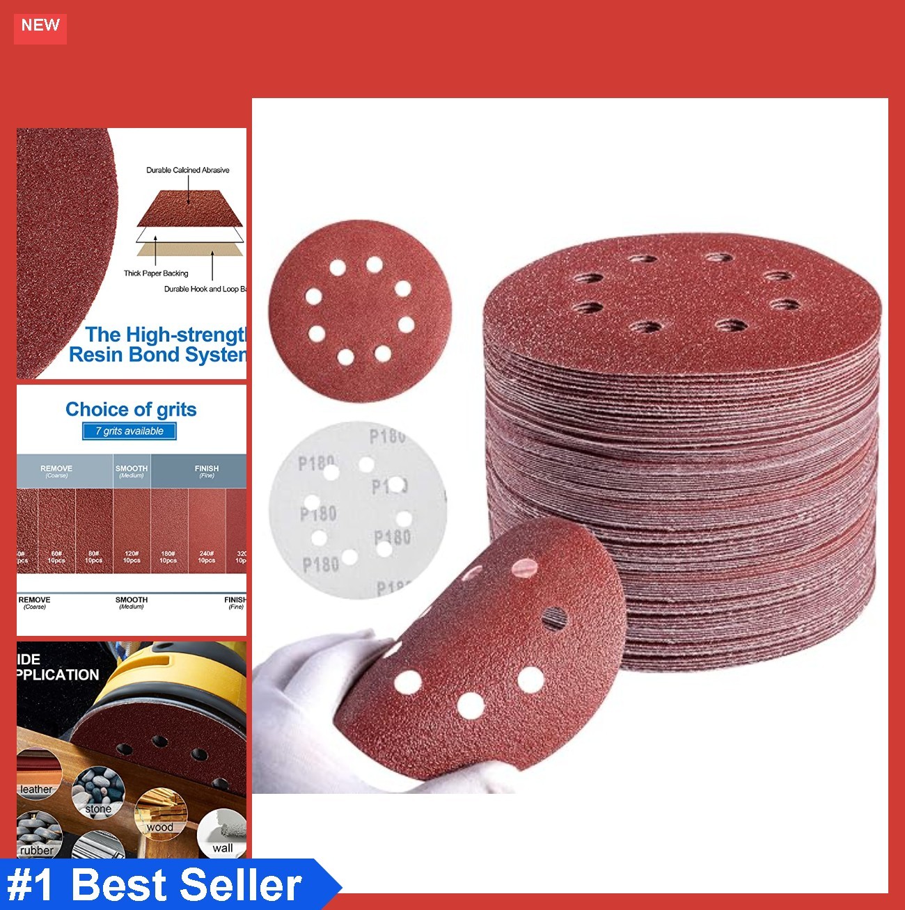 5 Inch Hook and Loop Sanding Discs 8 Hole 40/60/80/120/180/240/320 Grit 72 Pack
