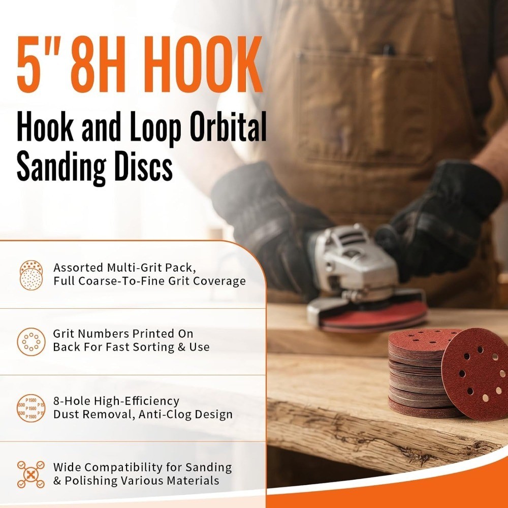 110pcs 5in 8-Hole Hook & Loop Sanding Discs | Assorted 60-2000 grit red