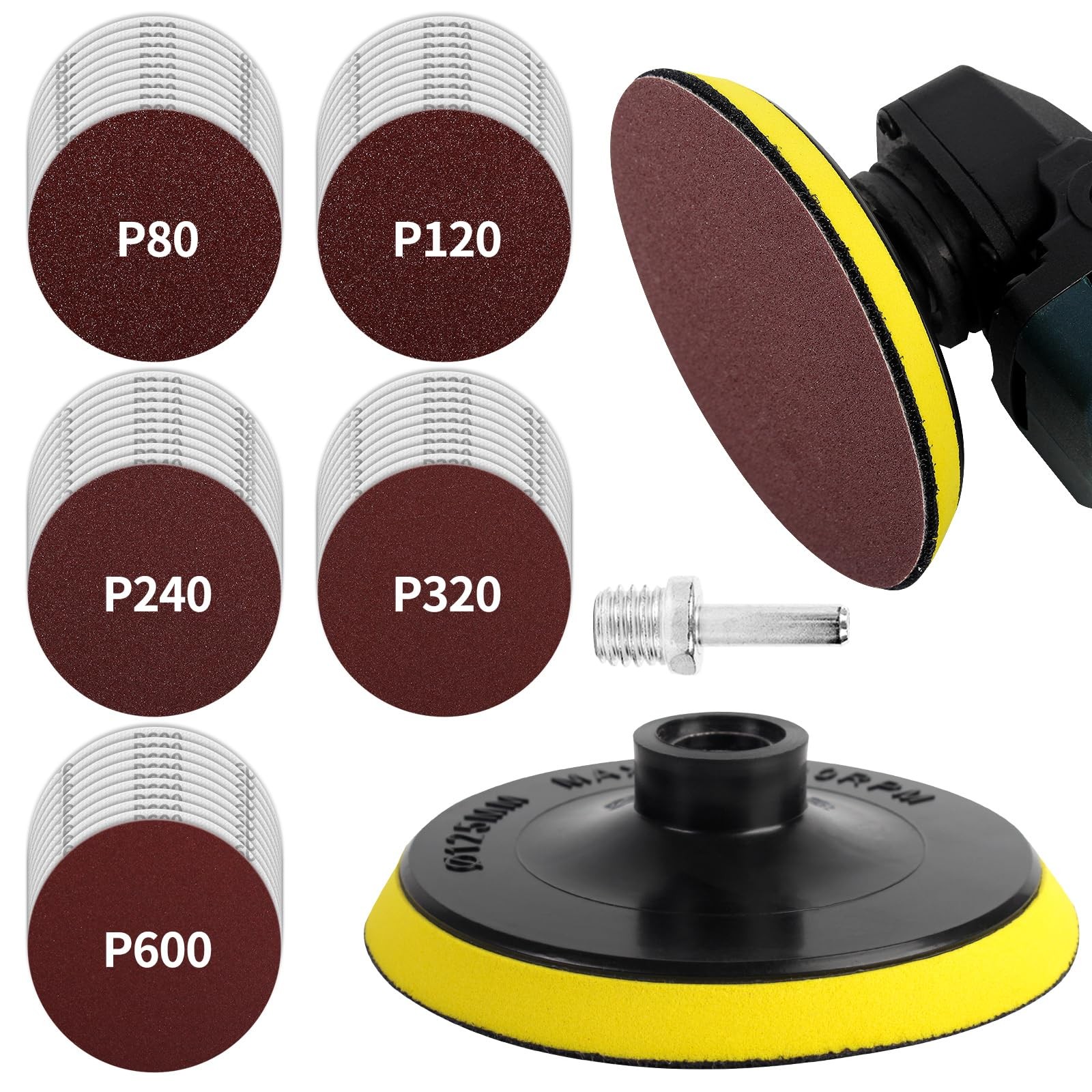 5 Inch Hook and Loop Backing Pad with 50PCS Sanding Discs, Angle Grinder Atta…