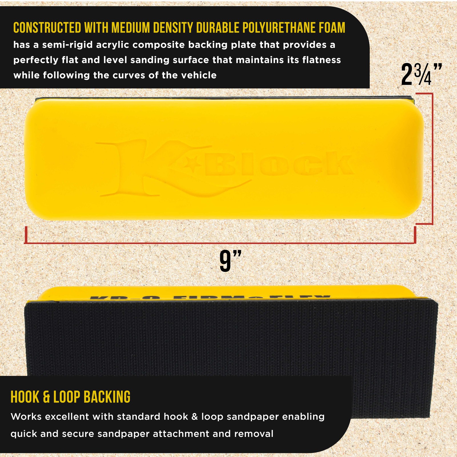 9″ K-Block Sander Firm & Flex Hand Sanding Block, Hook & Loop Backing, PSA Sand