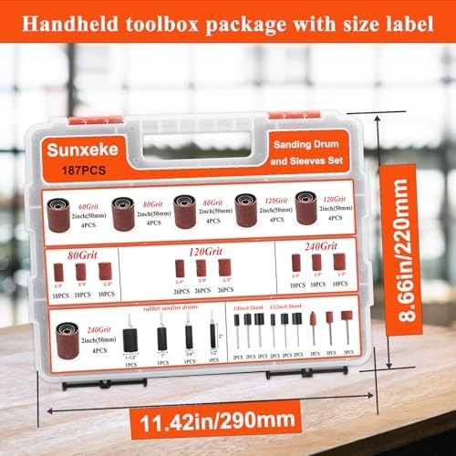187-Piece Sanding Drum Kit for Drill & Press – 2″ Sleeves, Rubber Drums, 1/4″ Sh