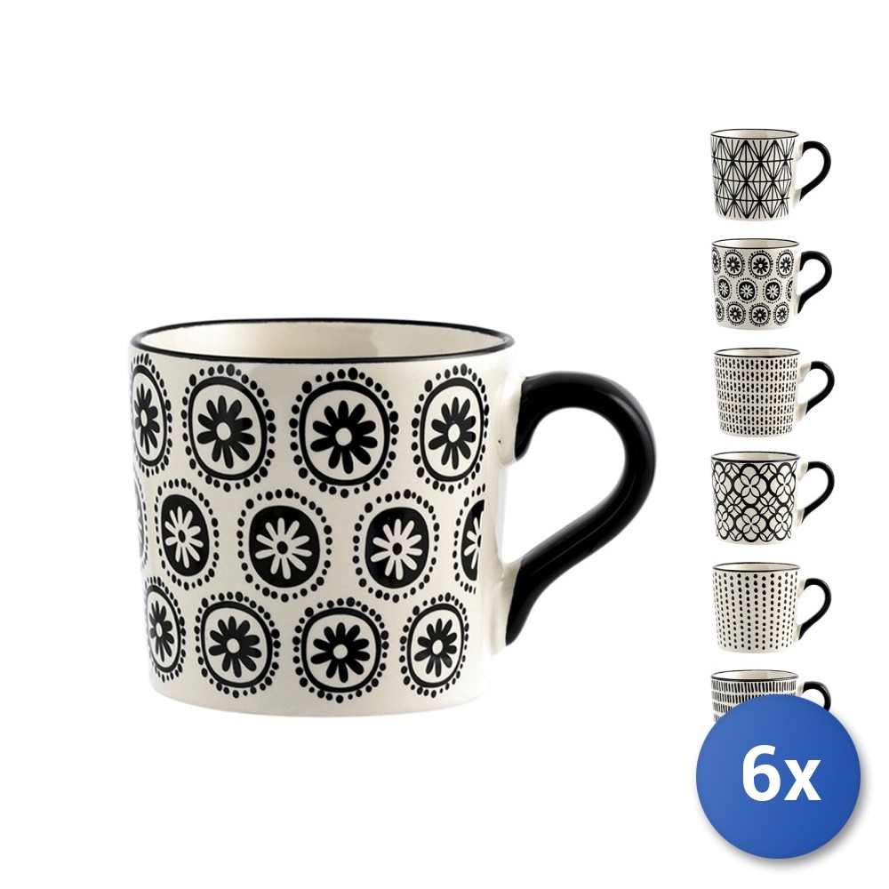 6 Tea Cups H&H Vhera In Stoneware Assorted White Black Cc220