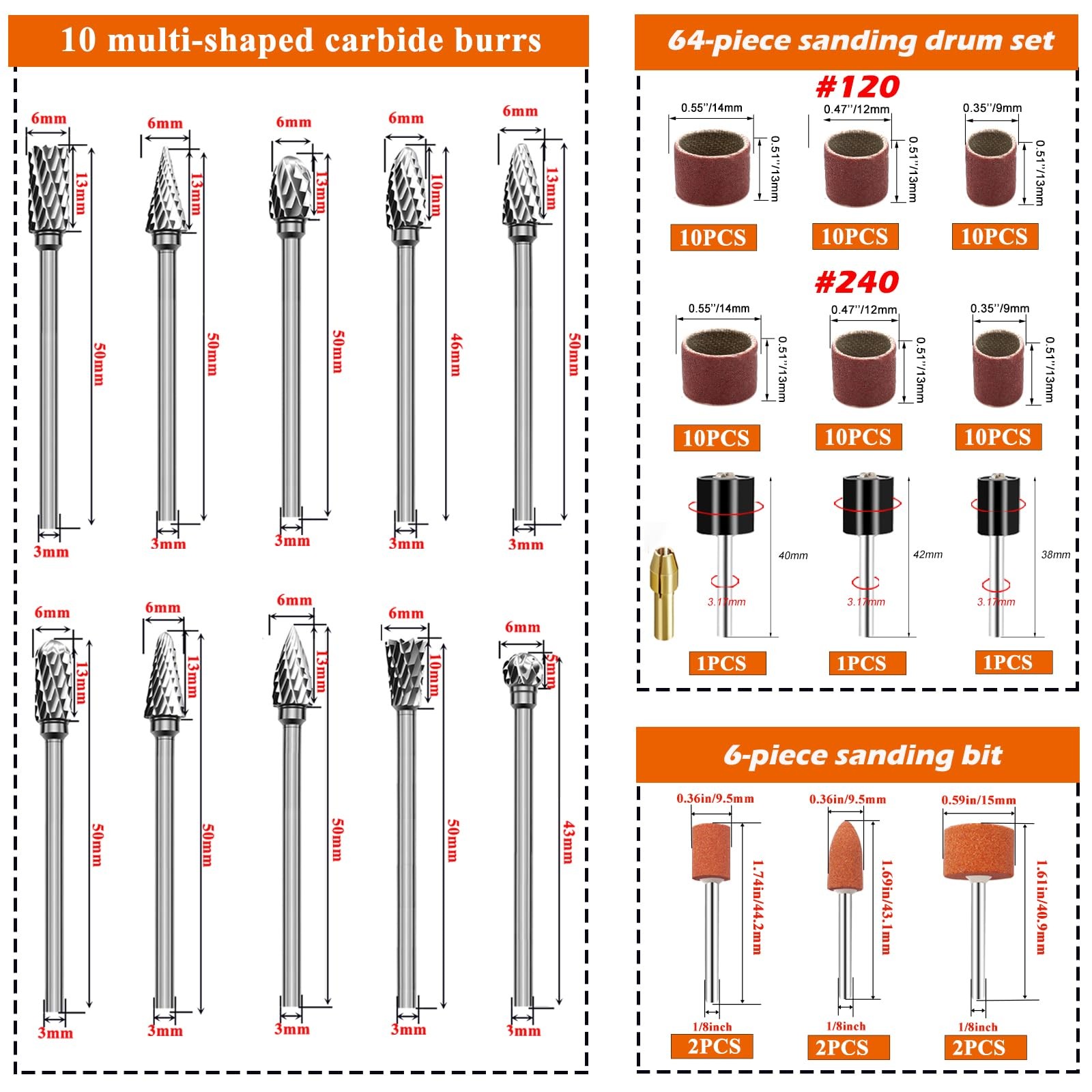 Sunxeke 80PCS Tungsten Carbide Rotary Burr Set with Sanding 3 millimeters