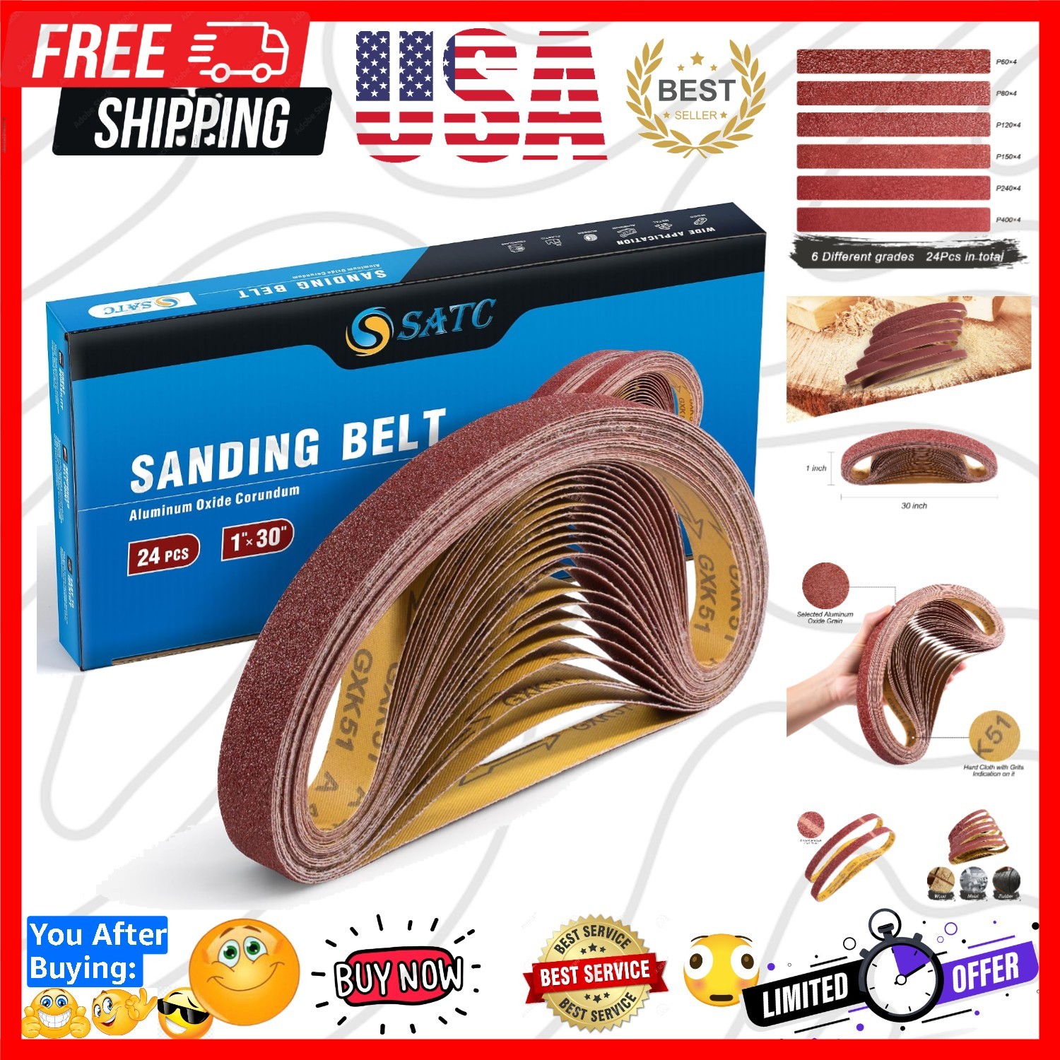 Sanding Belts 1×30-Inch Sanding belt Belt Sander Belt Sander Paper, 4 Each of…