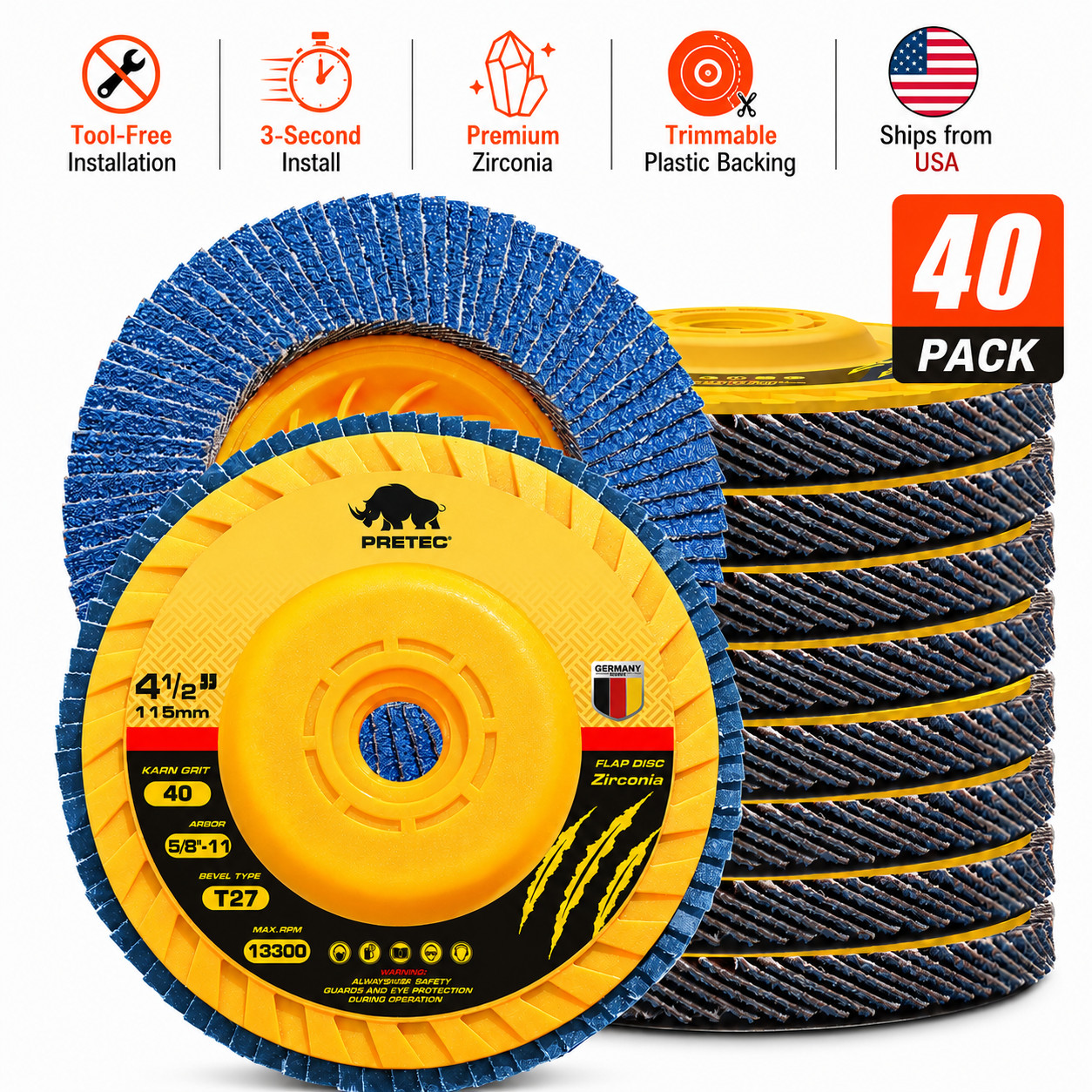 40 Pack 4.5″ Zirconia Flap Discs 5/8-11 T27 for Angle Grinder 40 60 80 120 Grit