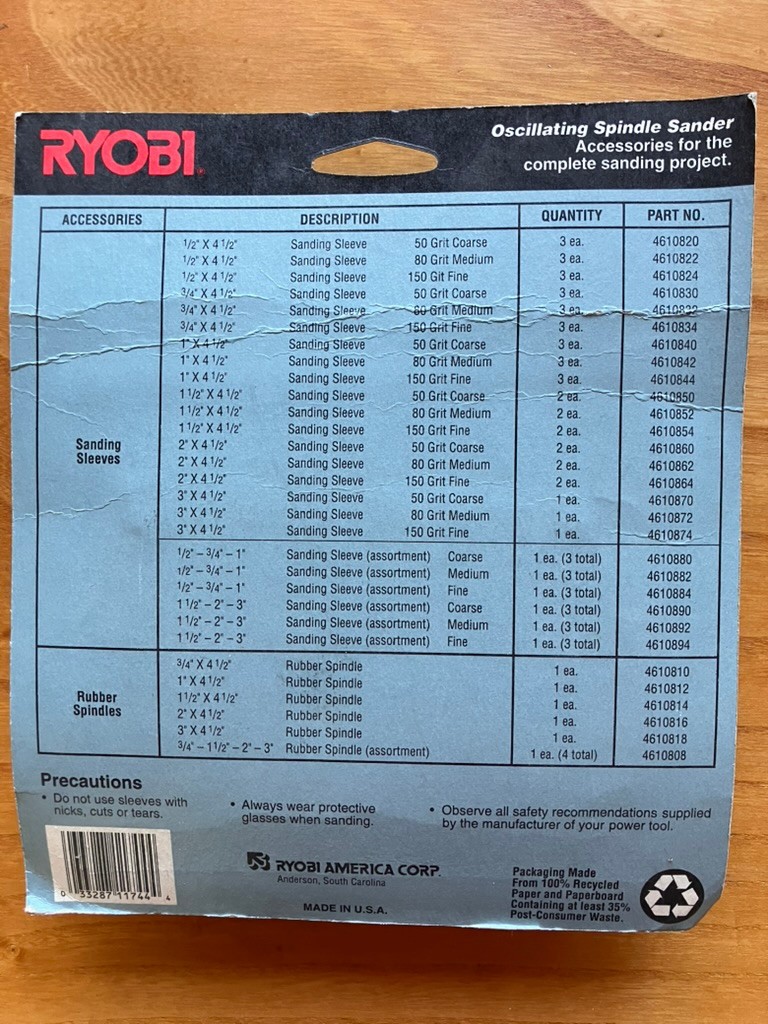 Ryobi OSS450 Oscillating Spindle 50 Grit Sanding Sleeves (3), 1” x 4.5” Coarse