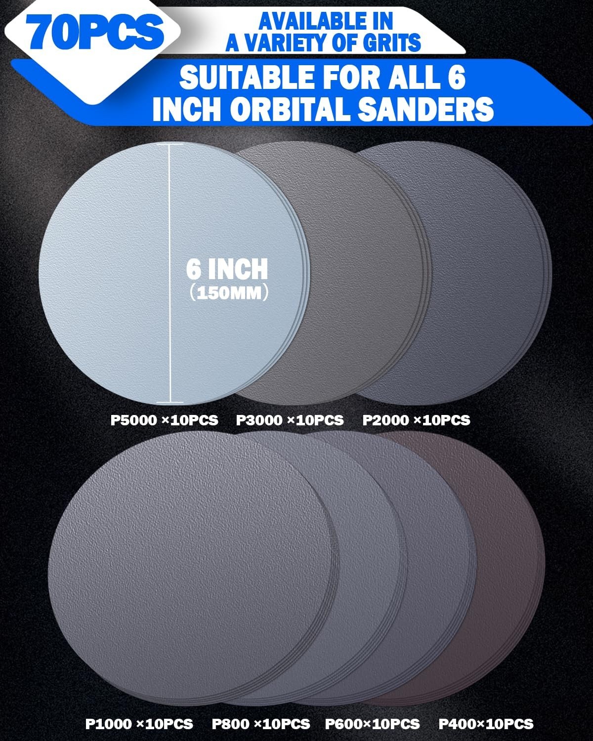 70PCS 6″ Hook & Loop Sanding Discs 400-5000 Grit Wet Dry Orbital Sander Pad
