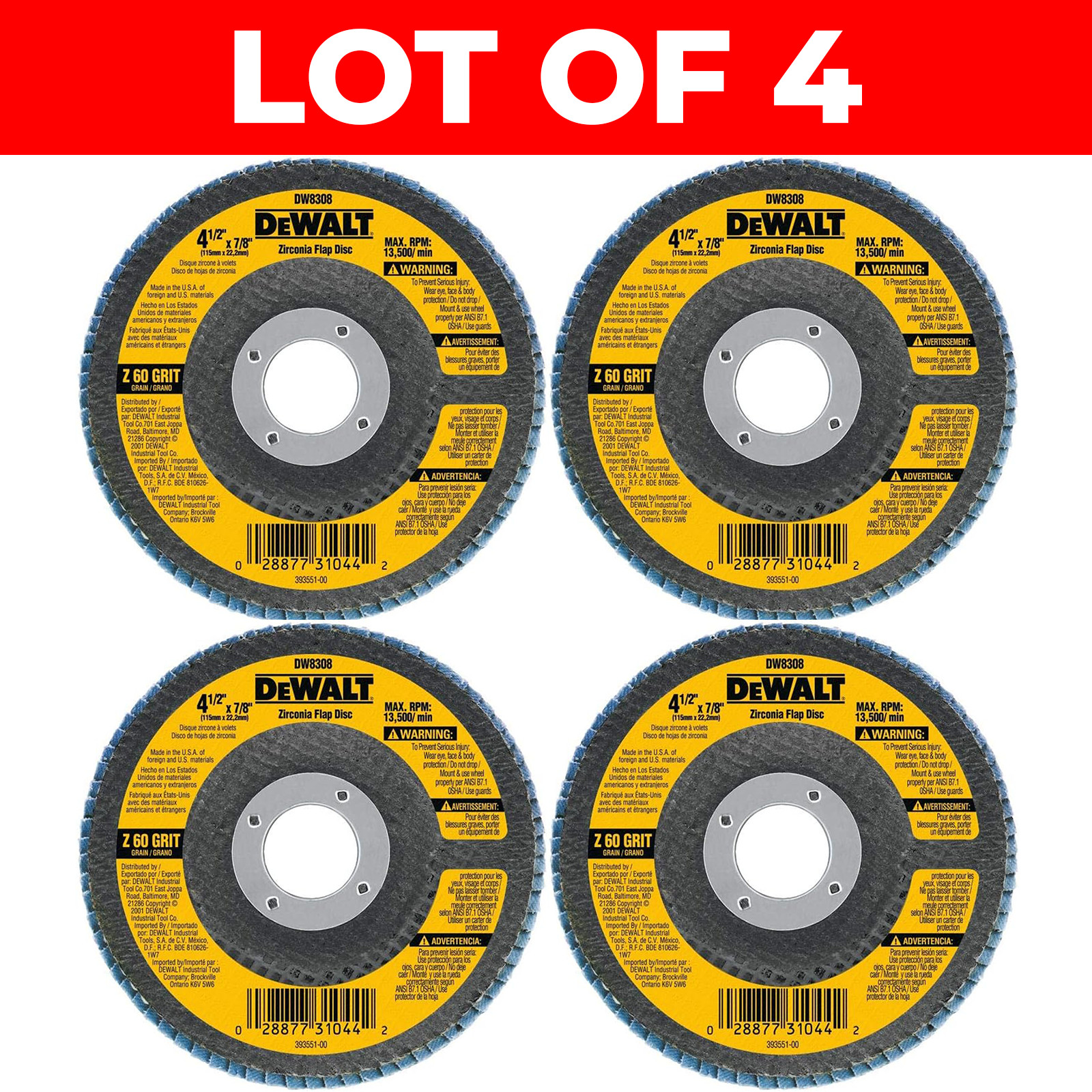 4x DeWalt DW8308 Flap Disc 4.5 60 Grit Zirconia Type 29 Metal Angle Grinder 7/8″