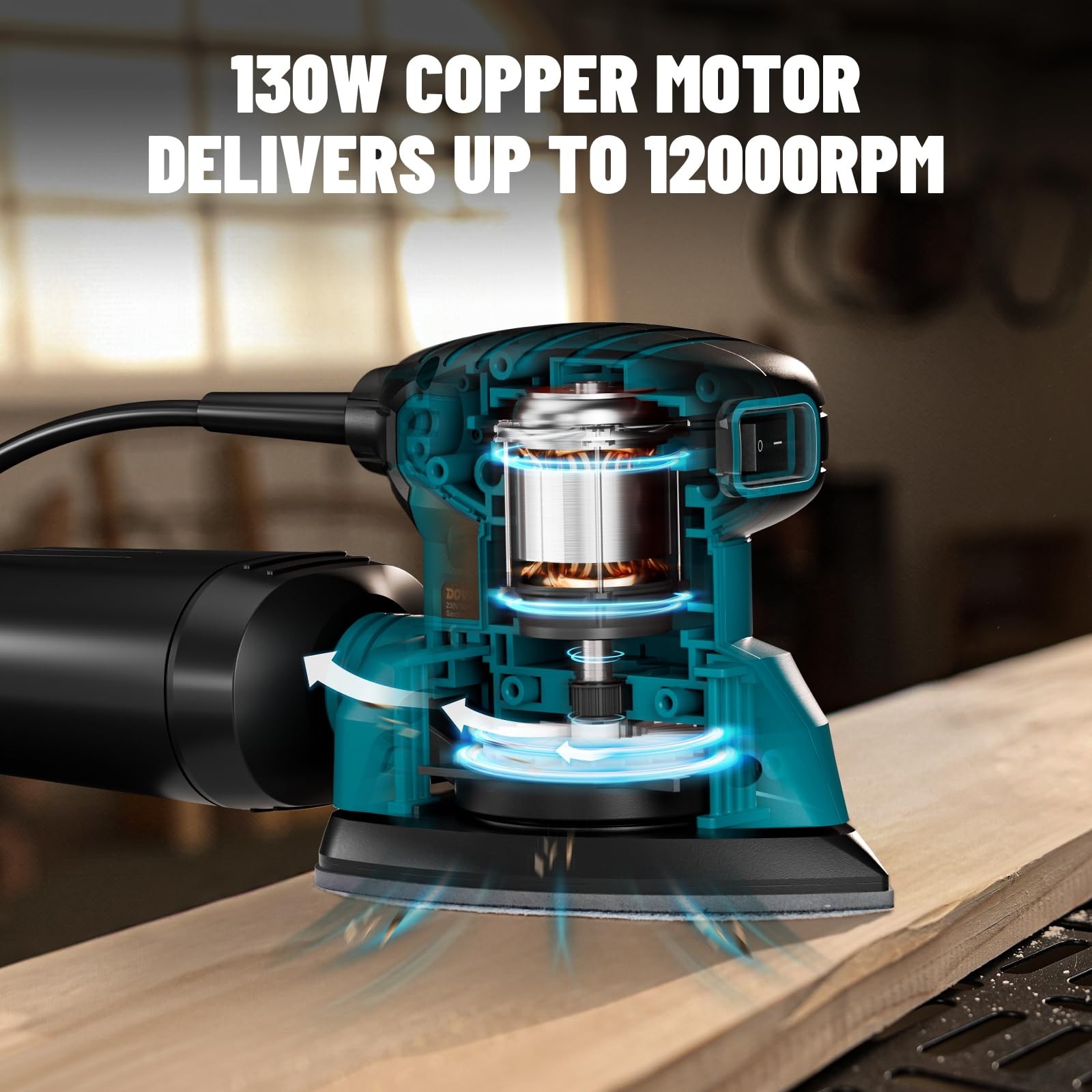 DOVAMAN 130W Detail Sander, 12000RPM Palm Sander Tool, Dust Collection A-blue