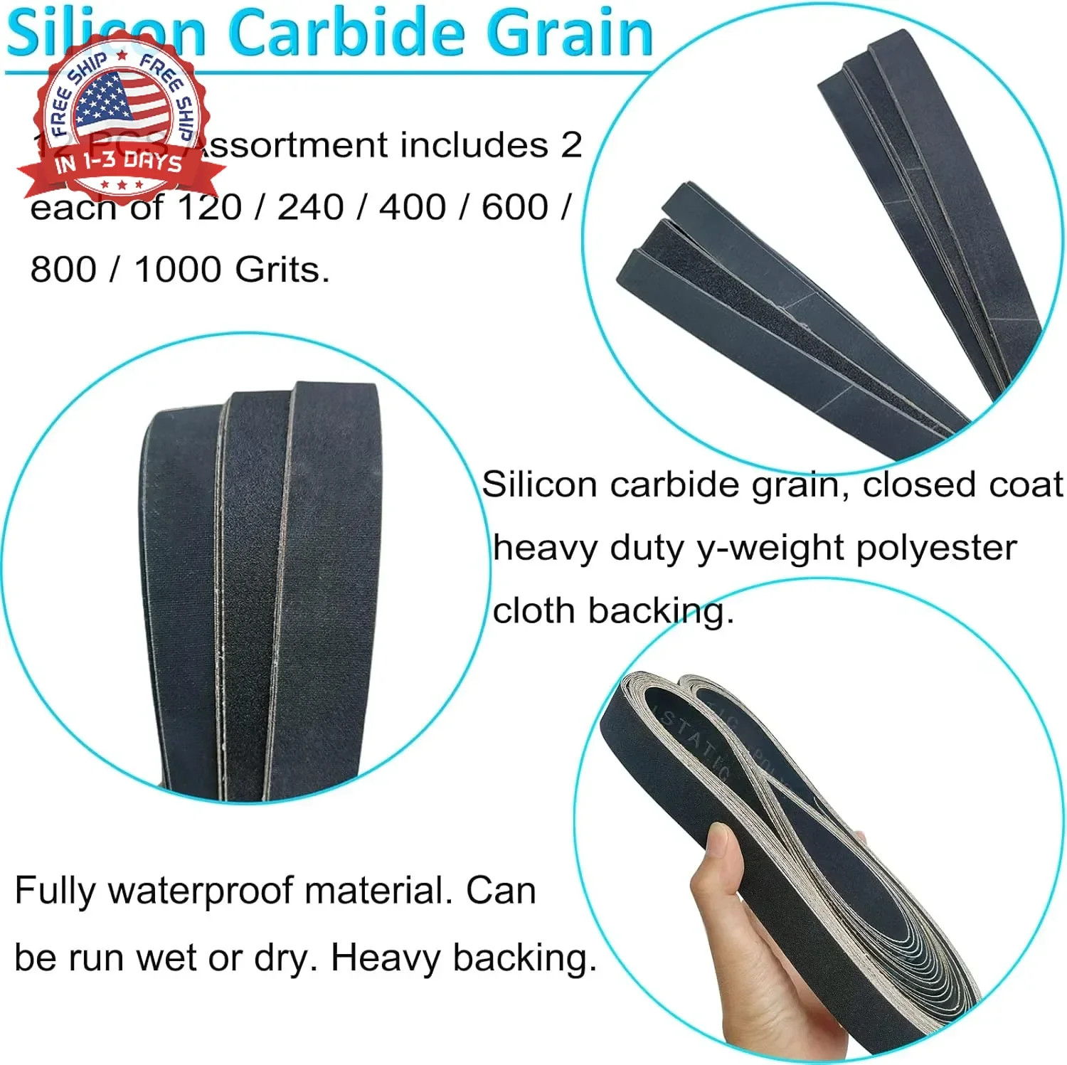 12 Pack 1 x 42 Inch Silicon Carbide Sanding Belts Assortment -120 240 400 600 80
