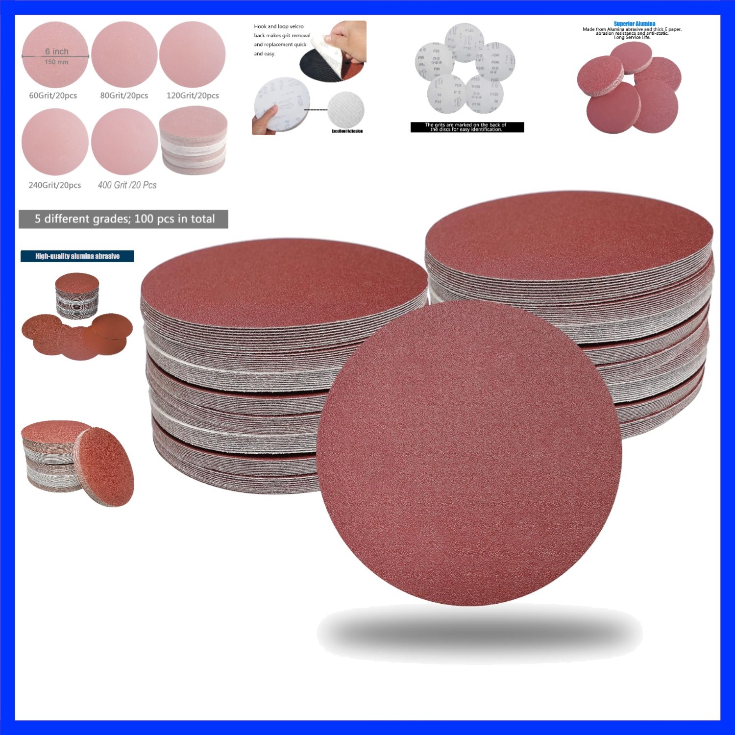 100 PCS 6 Inch No Hole Hook and Loop Sanding Disc Set- 60 80 120 240 400 Grit…