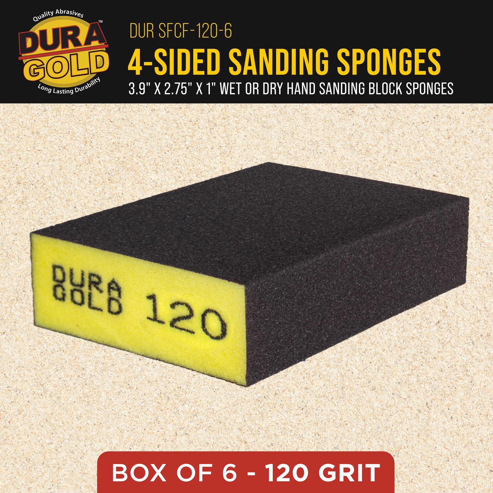 120 Grit 4-Sided Hand Sanding Block Sponges, Box of 6 – 3.9″ x 2.75″ Wet/Dry