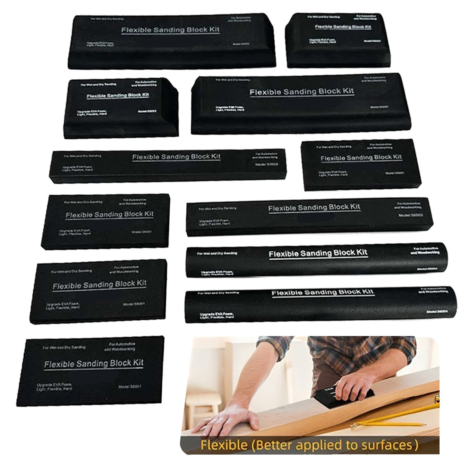 12Pc Sanding Block Kit Flexible EVA Foam Wet or Dry Various Shapes and Sizes NEW
